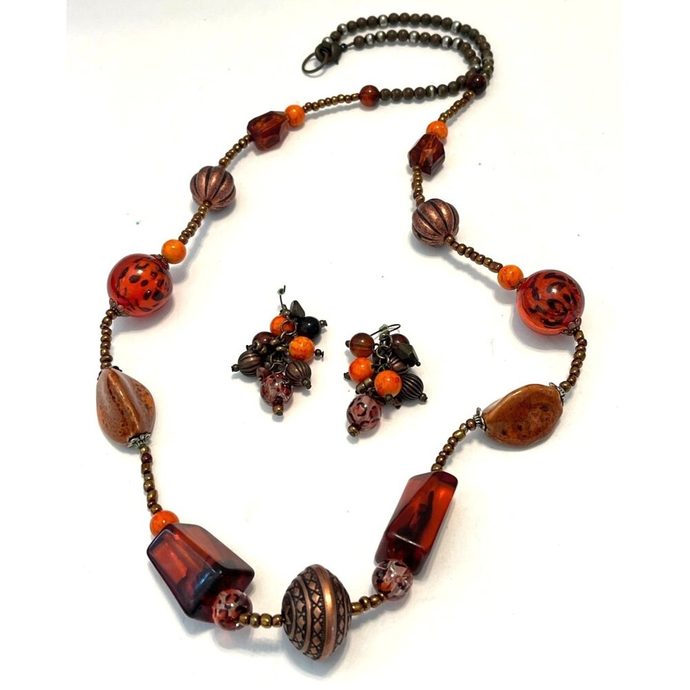 Y2K Leopard Amber Brown Orange Beaded Necklace Earring Set Boho Autumn Statement